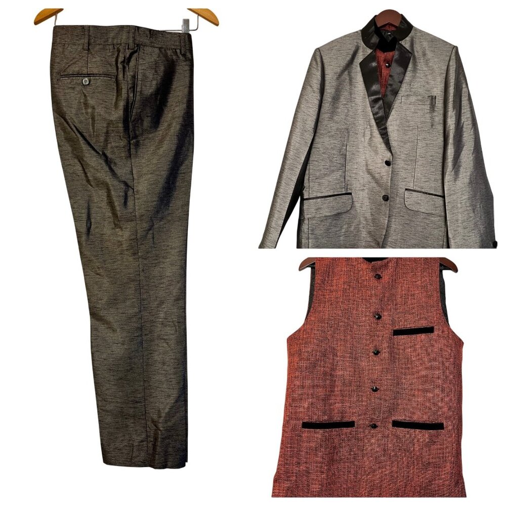 THE RAYMOND SHOP Formal Mens 40R 3-Piece Gray Suit Red Vest Wedding Event Formal